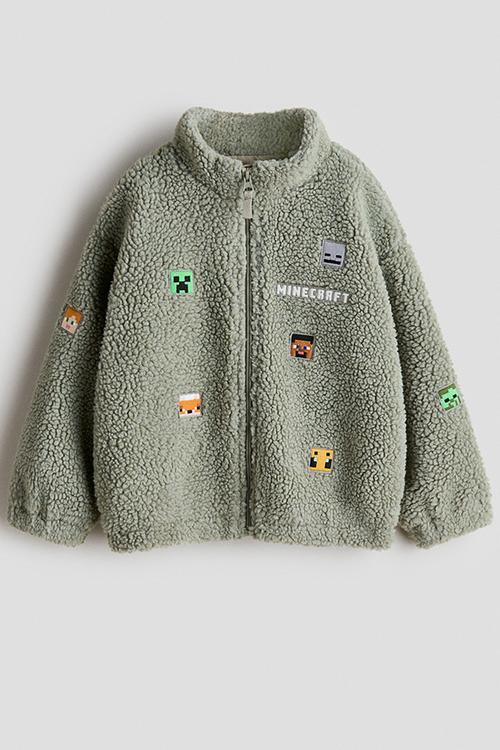 Appliqu?d teddy jacket - dusty green/minecraft