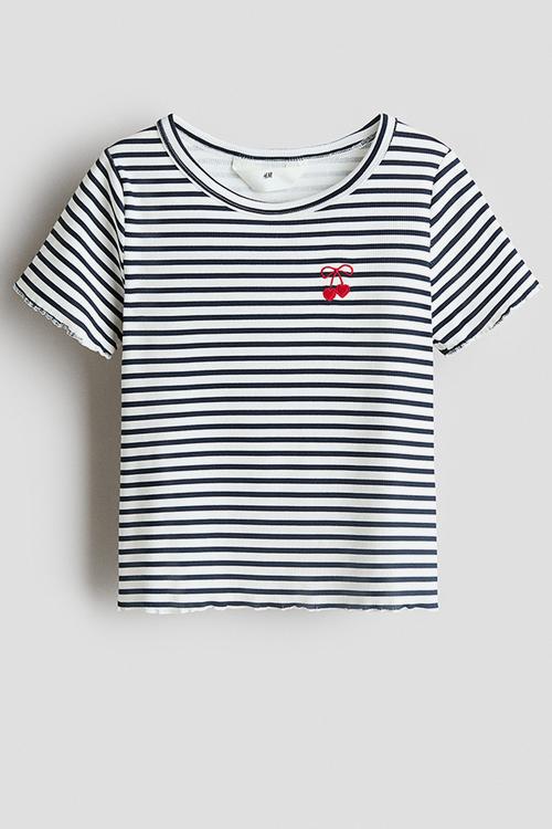 Ribbed jersey top - navy blue/white striped