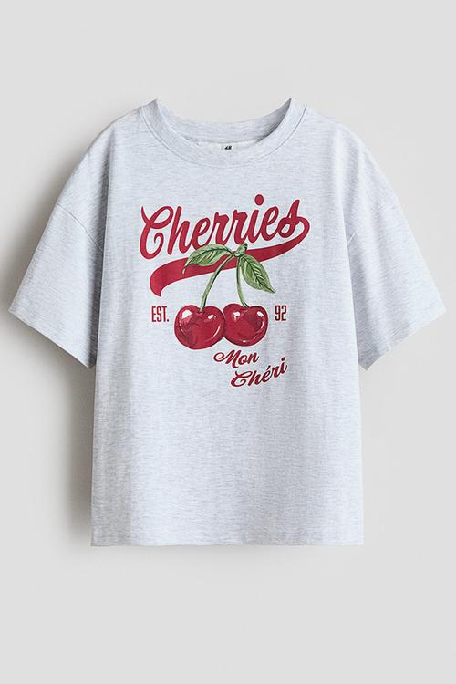Print-motif cotton t-shirt - light grey marl/cherries