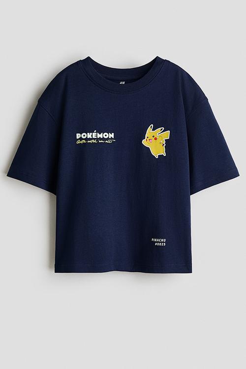 Printed cotton t-shirt - navy blue/pok?mon