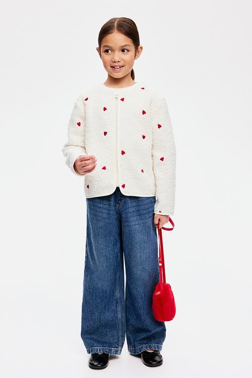 Zip-through teddy cardigan - white/hearts