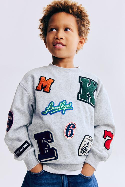 Appliqu?d brushed-inside sweatshirt - light grey marl/patches