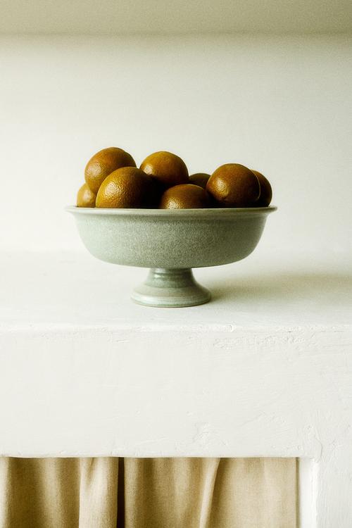 Footed stoneware serving bowl - light green