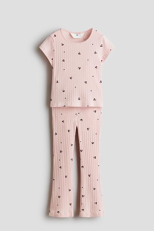 2-piece ribbed cotton set - light dusty pink/cherries