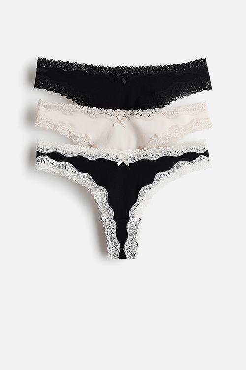 3-pack cotton and lace brazilian briefs - black/light beige