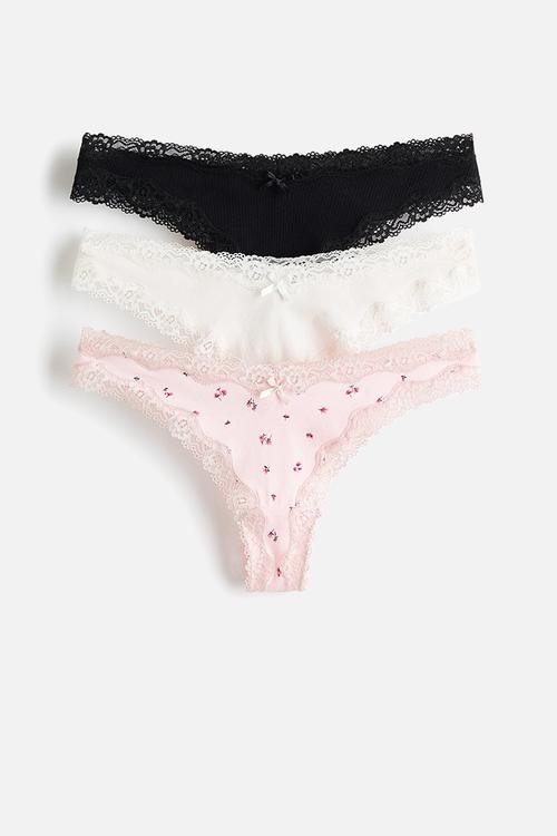 3-pack cotton and lace brazilian briefs - light pink/cream/black