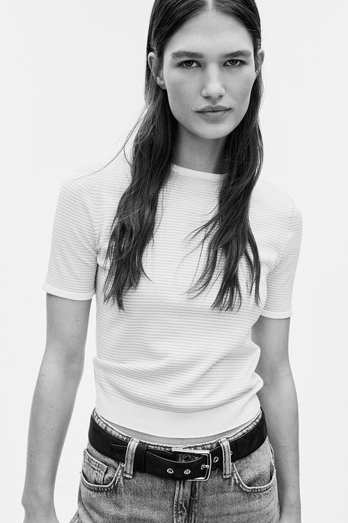 Fine-knit t-shirt - white/light grey striped