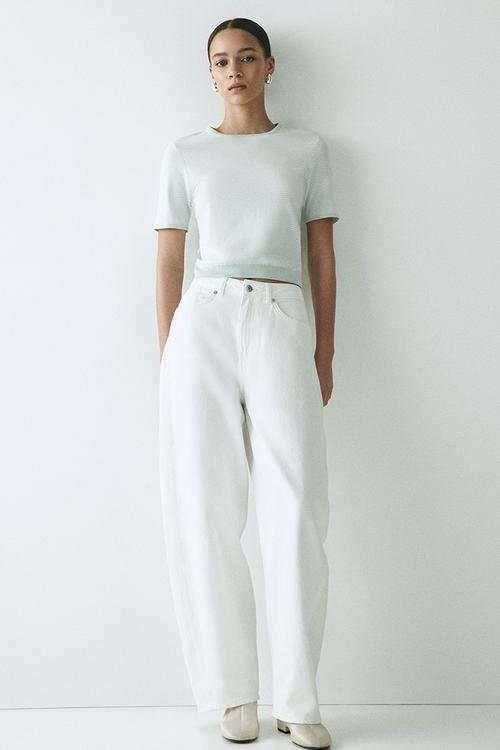 Fine-knit t-shirt - white/light green striped