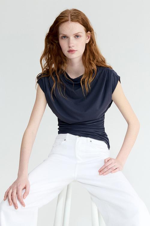Draped boat-neck top - dark pigeon blue