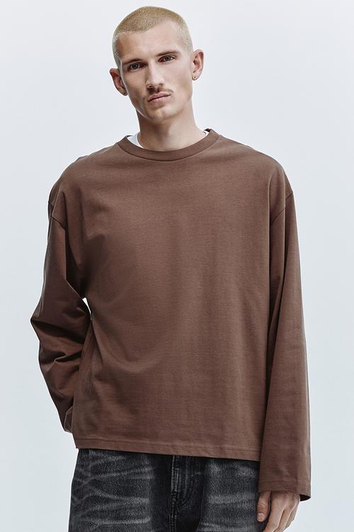 Oversized fit long-sleeved jersey top - brown