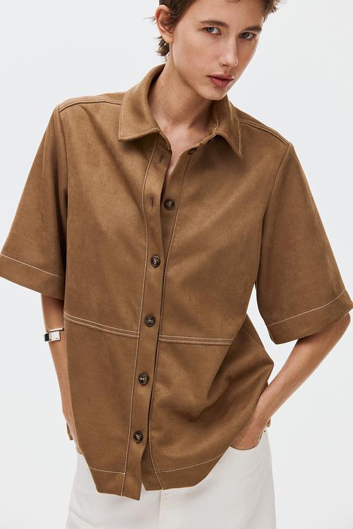 Short-sleeved shirt - dark beige