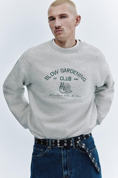 Relaxed fit embroidery-motif sweatshirt - grey marl/slow gardening club