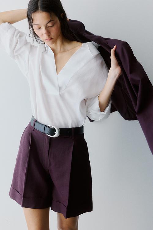 Tailored linen-blend shorts - dark plum purple