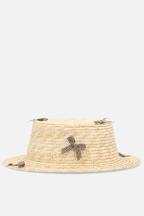 Bow applique boater hat - neutral/brown gingham