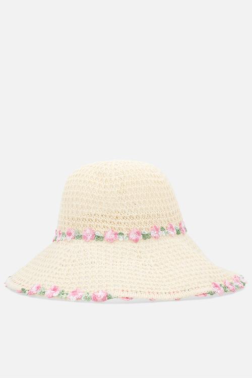 Straw summer hat with floral trim - natural