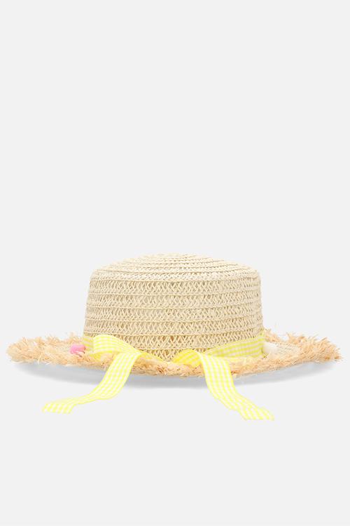 Straw summer hat with pom pom ribbon - natural/yellow