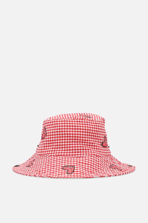 Gingham drawstring bucket hat - red/aop