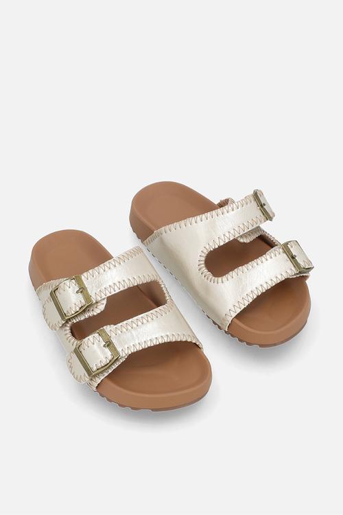 Metallic double buckle slides - champagne gold