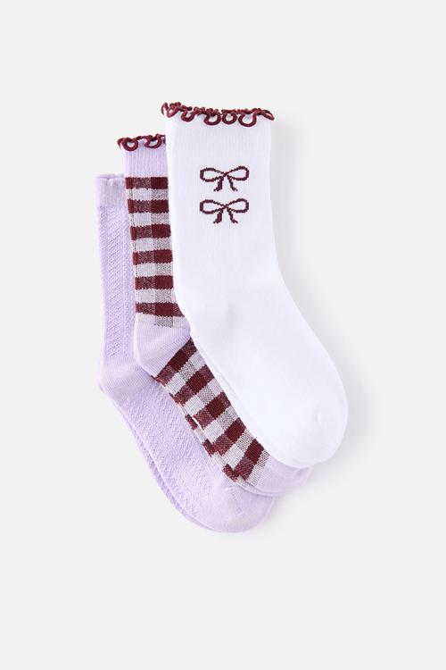 Kids 3Pk Crew Socks - Vintage Lilac/Bordeaux Bows