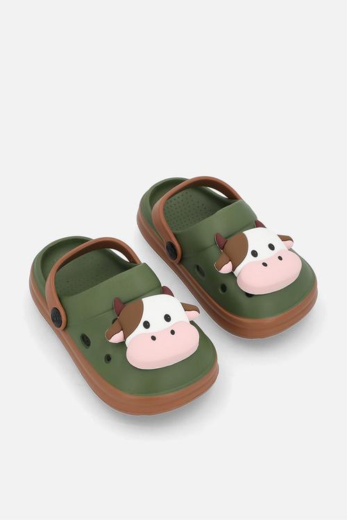 Cow desig platform clogs - green/brown