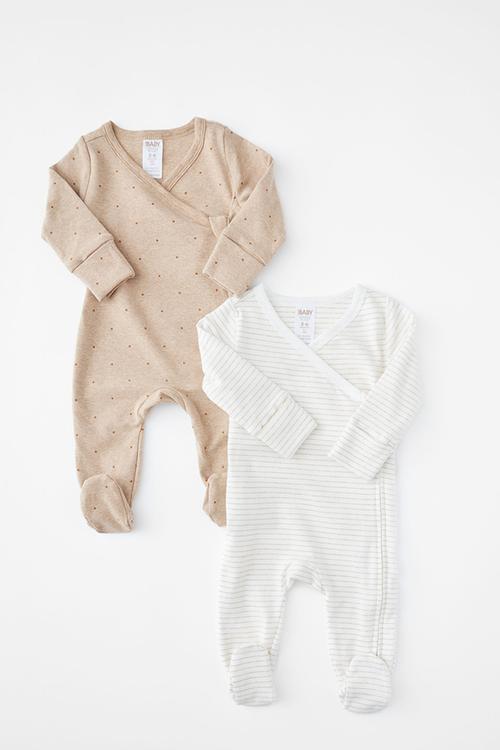 2Pk Organic Wrap Zip Romper - Caramel Fudge Marle/Spot & Caramel Fudge Marle/Stripe