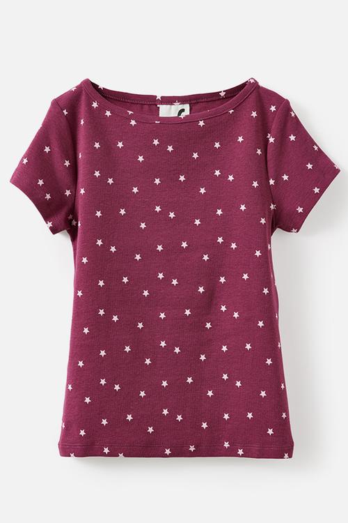 Fitted Short Sleeve Essential Boat Neck Tee - Berry Jam/Star Yardage