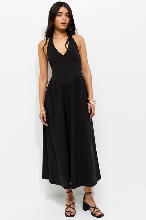 Ex ditsy beng halter midi  - black