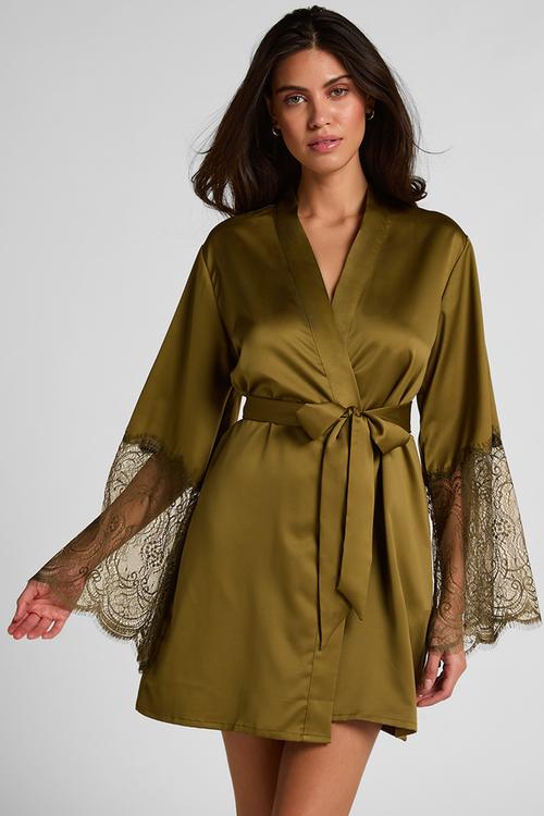 Kimono satin lace robe - olive drab