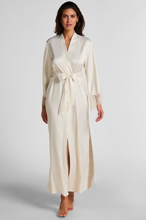 Kimono long satin lace robe - gardenia