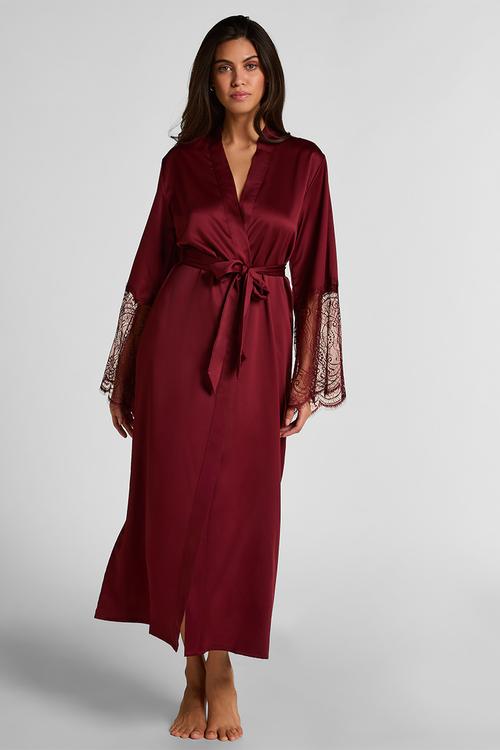Kimono long satin lace robe - cabernet