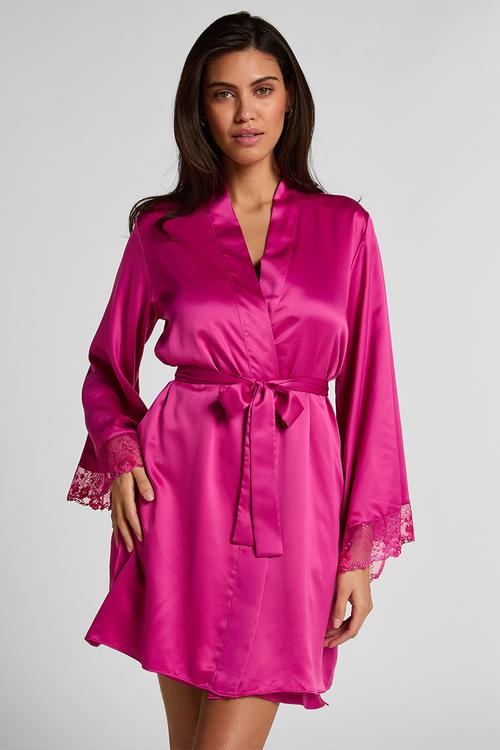 Kimono satin lace peonie robe - rose violet
