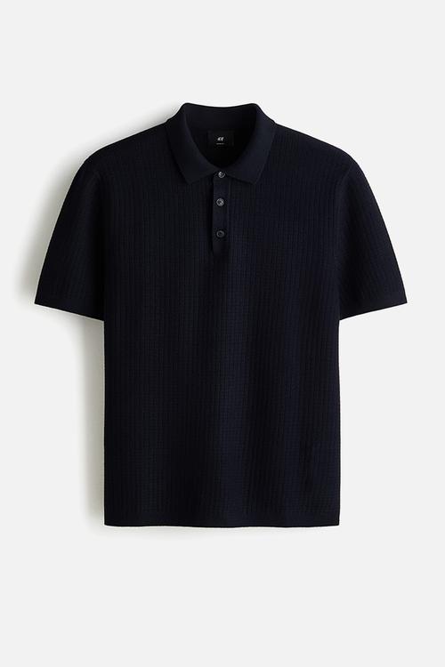 Regular fit textured-knit polo shirt - navy blue