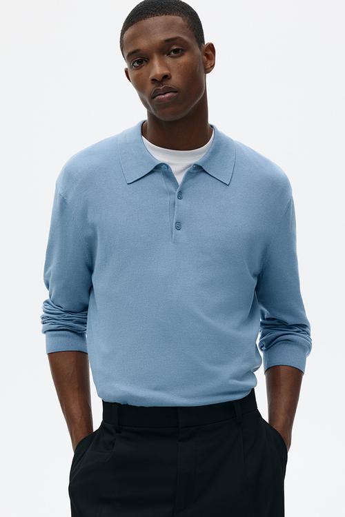 Regular fit fine-knit polo shirt - blue
