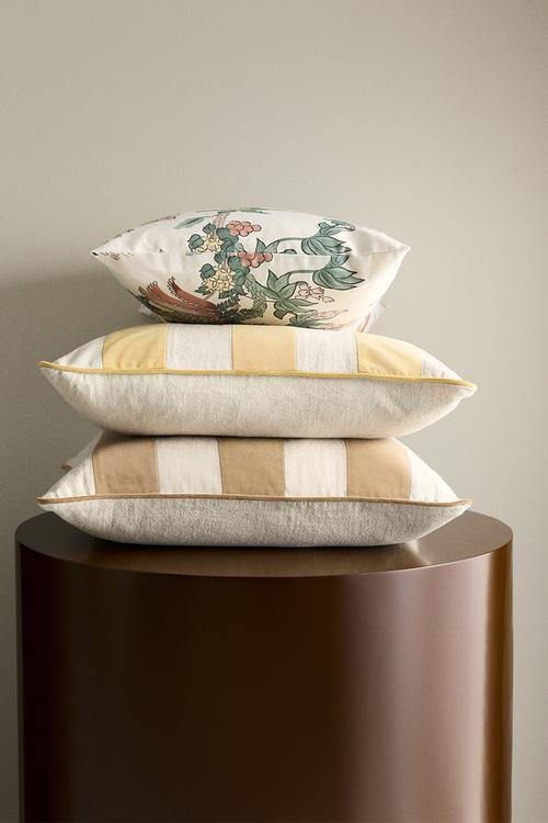 Linen-blend cushion cover - yellow/beige striped