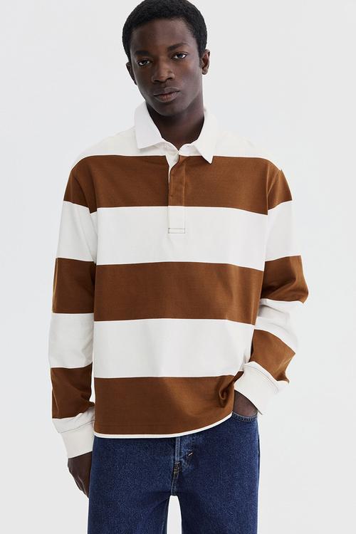 Regular fit cotton rugby shirt - brown/colour block