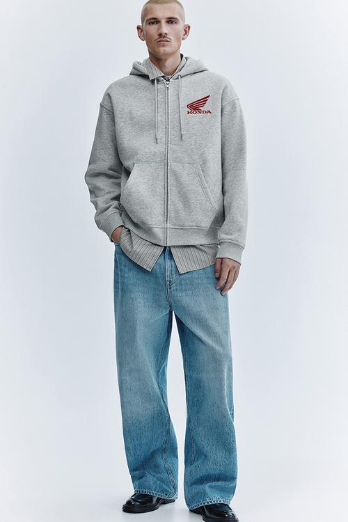 Loose fit printed zip-through hoodie - light grey marl/honda