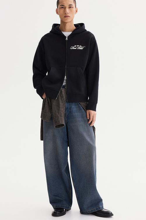 Loose fit boxy zip-through hoodie - black/run wild