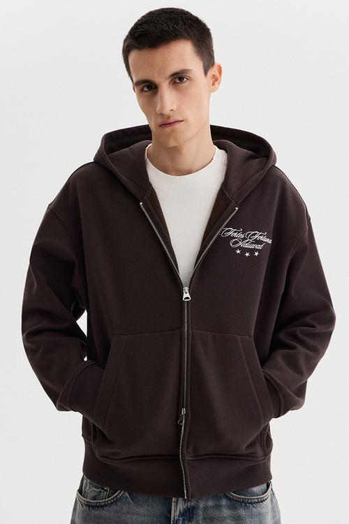 Loose fit boxy zip-through hoodie - dark brown/fortes fortuna