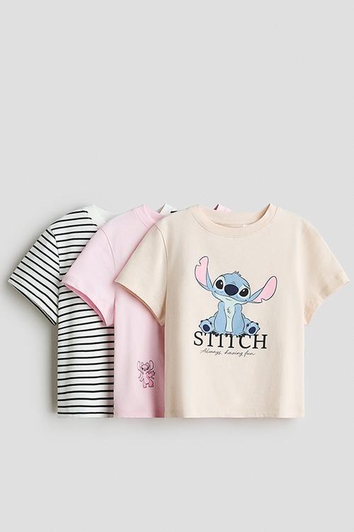 3-pack printed jersey tops - beige/lilo & stitch