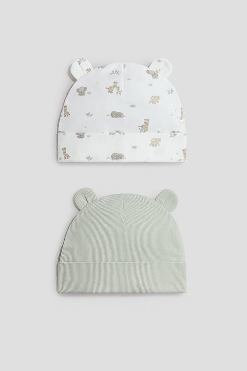 2-pack ribbed ear-detail beanies - light green/animals