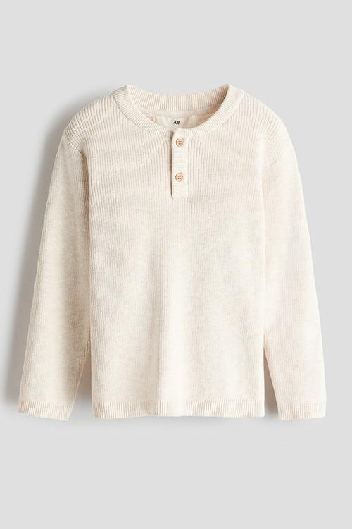 Waffle-knit henley jumper - light beige marl