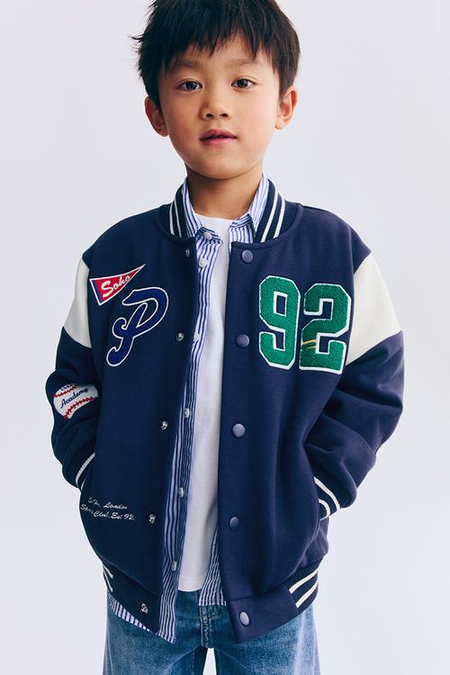 Motif-detail baseball jacket - navy blue/sports club