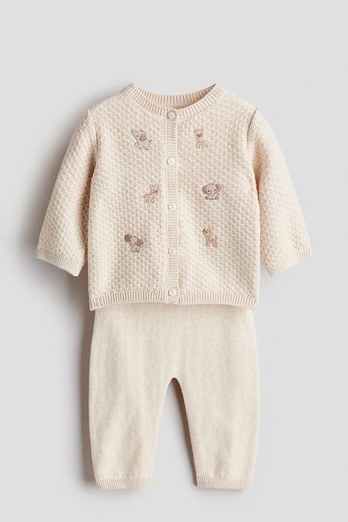 2-piece embroidery-detail cotton set - light beige/animals