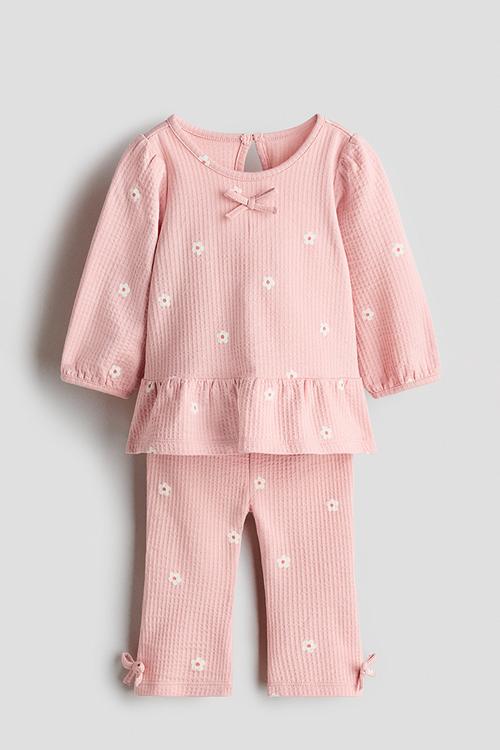2-piece waffled cotton set - light pink/floral