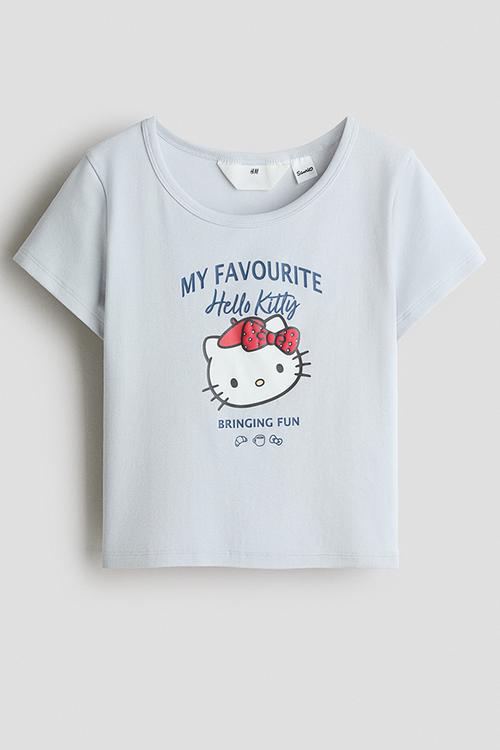 Print-motif cotton jersey top - light blue/hello kitty