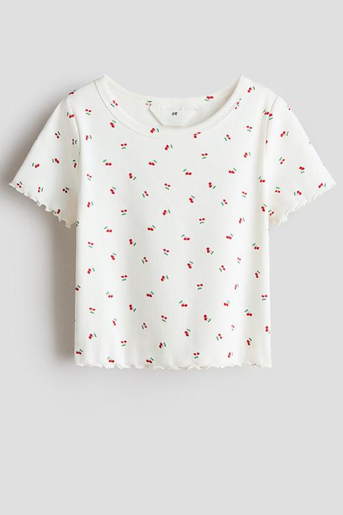 Ribbed jersey top - cream/cherries