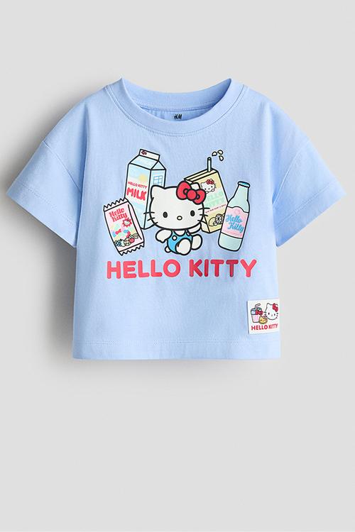 Loose-fit printed t-shirt - light blue/hello kitty
