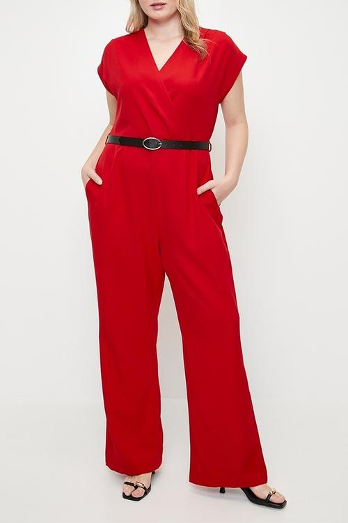 Plus size belted double breasted collar plus size woven jumpsuit  - red