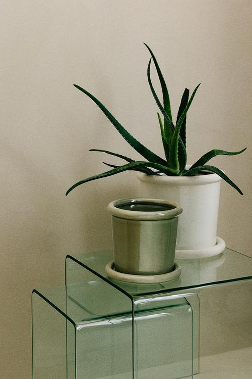 Stoneware plant pot with saucer - light green