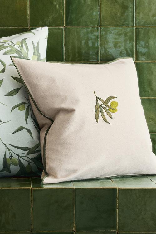 Embroidery-motif cotton cushion cover - light beige/olives